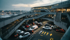 Mehrstöckiges Parkhaus neben einer Veranstaltungshalle am Abend mit geparkten Autos und Bodenmarkierungen.