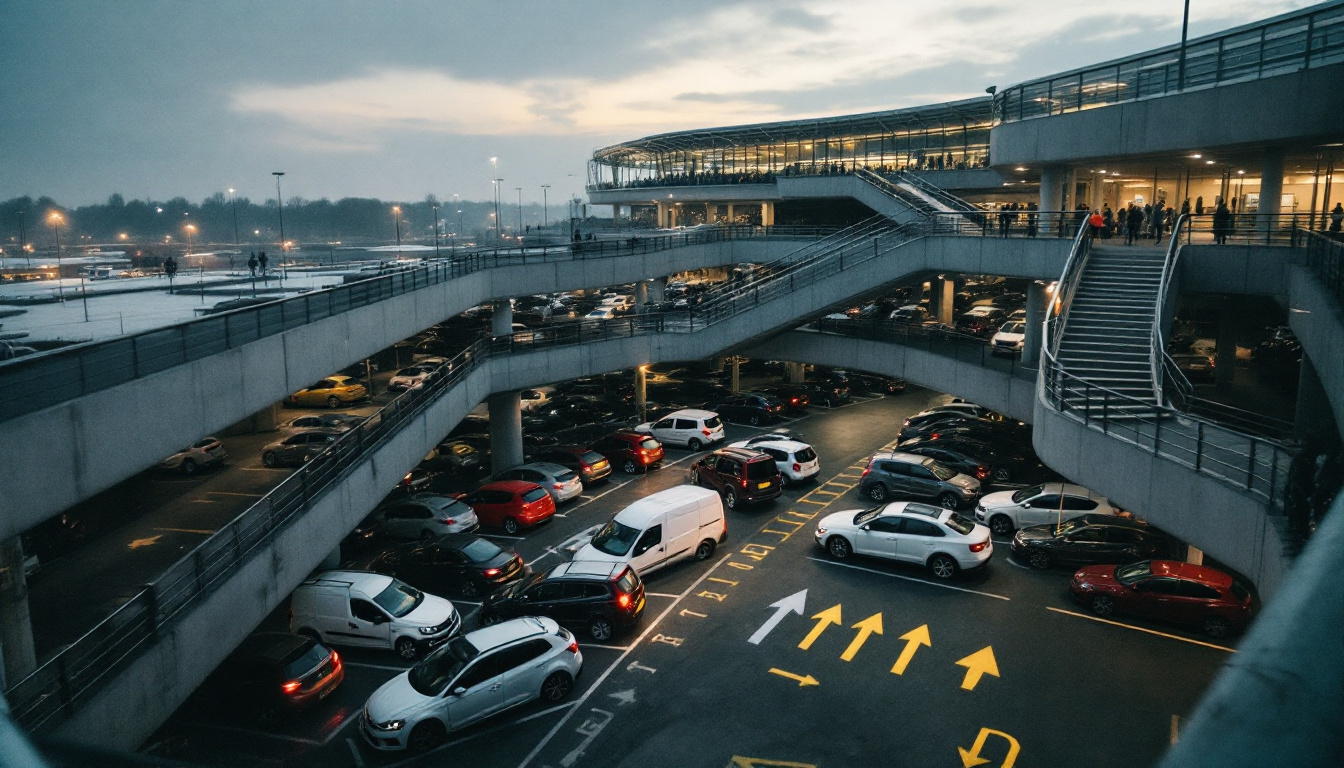 Mehrstöckiges Parkhaus neben einer Veranstaltungshalle am Abend mit geparkten Autos und Bodenmarkierungen.