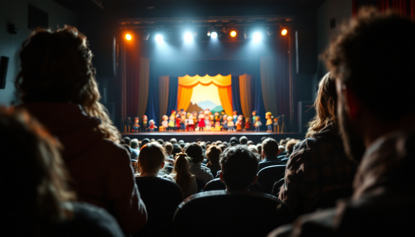 Blick von hinten durch einen kleinen Zuschauerraum auf eine beleuchtete Puppentheaterbühne, davor Sitzreihen mit einzelnen Familien.