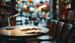 Leseecke in einer Buchhandlung am Abend mit beleuchteter Tischlampe, aufgeschlagenem Buch, Mikrofon und leeren Holzstühlen davor.