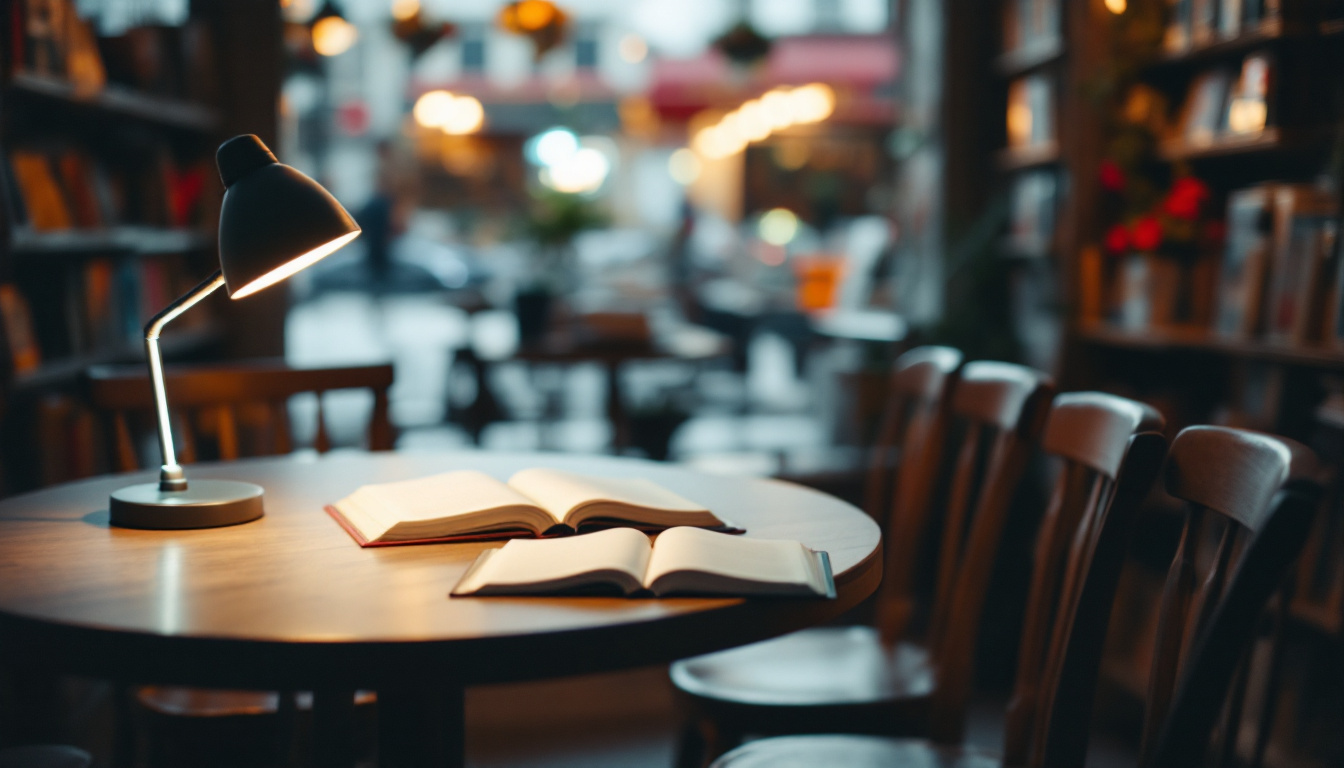 Leseecke in einer Buchhandlung am Abend mit beleuchteter Tischlampe, aufgeschlagenem Buch, Mikrofon und leeren Holzstühlen davor.