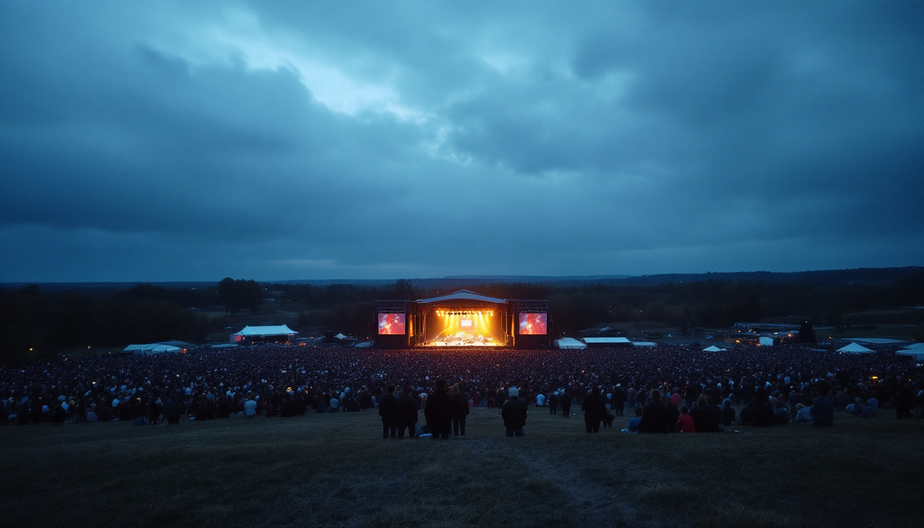 Weite Open-Air-Fläche in der Abenddämmerung mit beleuchteter Bühne in der Ferne und stehendem Publikum davor.