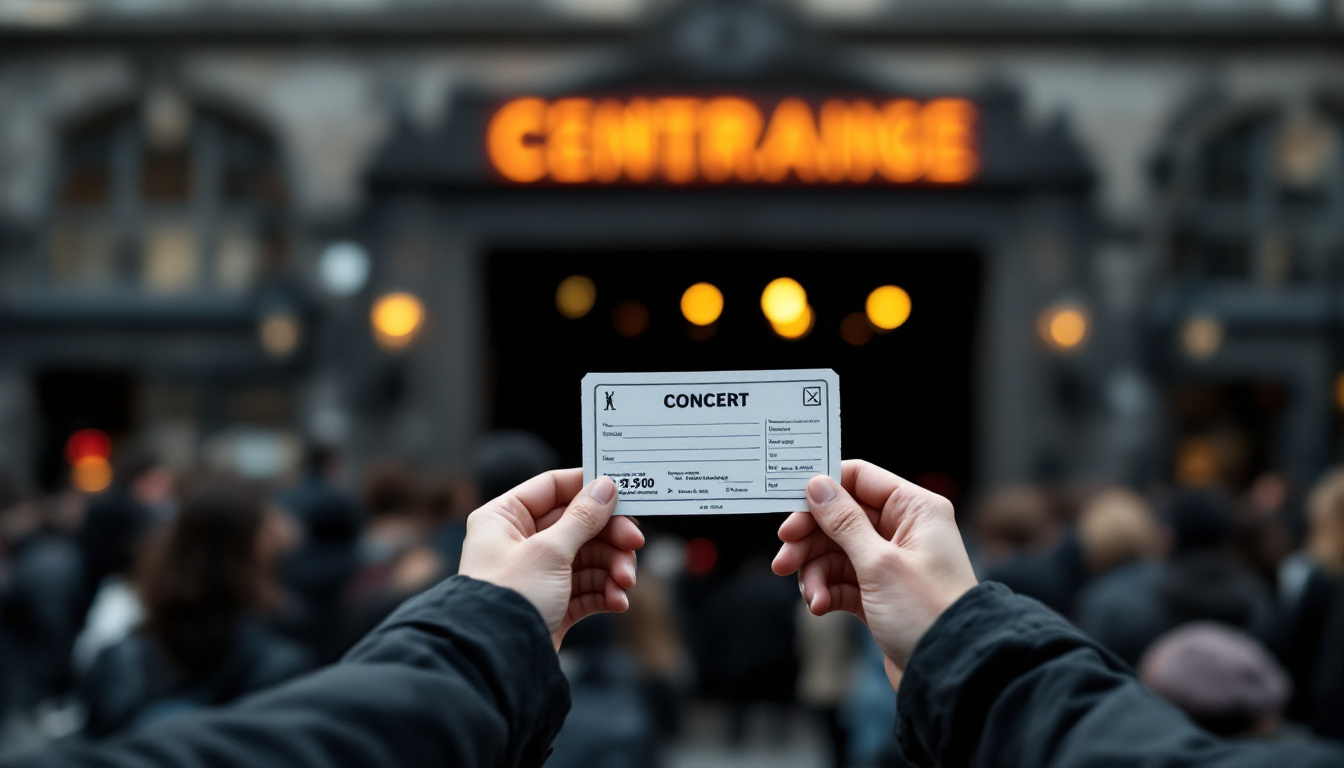 Zwei Hände halten ein Papierticket vor einem dunklen Veranstaltungseingang, im Hintergrund verschwommen wartende Menschen