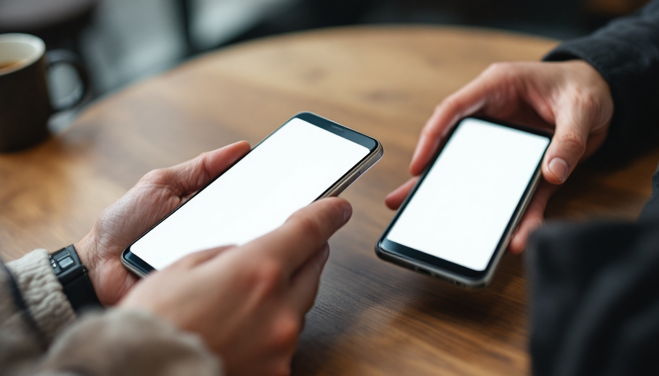 Zwei Smartphones werden über einem Tisch nebeneinander gehalten, als würde etwas Digitales weitergegeben.