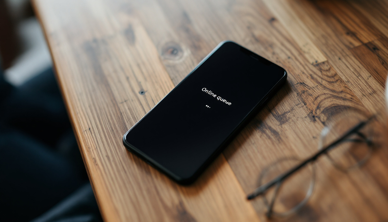 Ein Smartphone mit Ladeanzeige liegt von oben betrachtet auf einem Holztisch neben einer Kaffeetasse