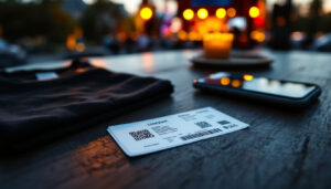 Böhse Onkelz Konzertkarte mit QR-Code neben Smartphone und Ausweishülle auf einem Holztisch