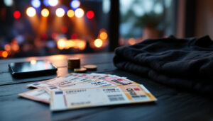 Böhse-Onkelz-Tickets und Preis: Konzertkarten, Smartphone mit Ticketshop und Euromünzen auf einem Holztisch