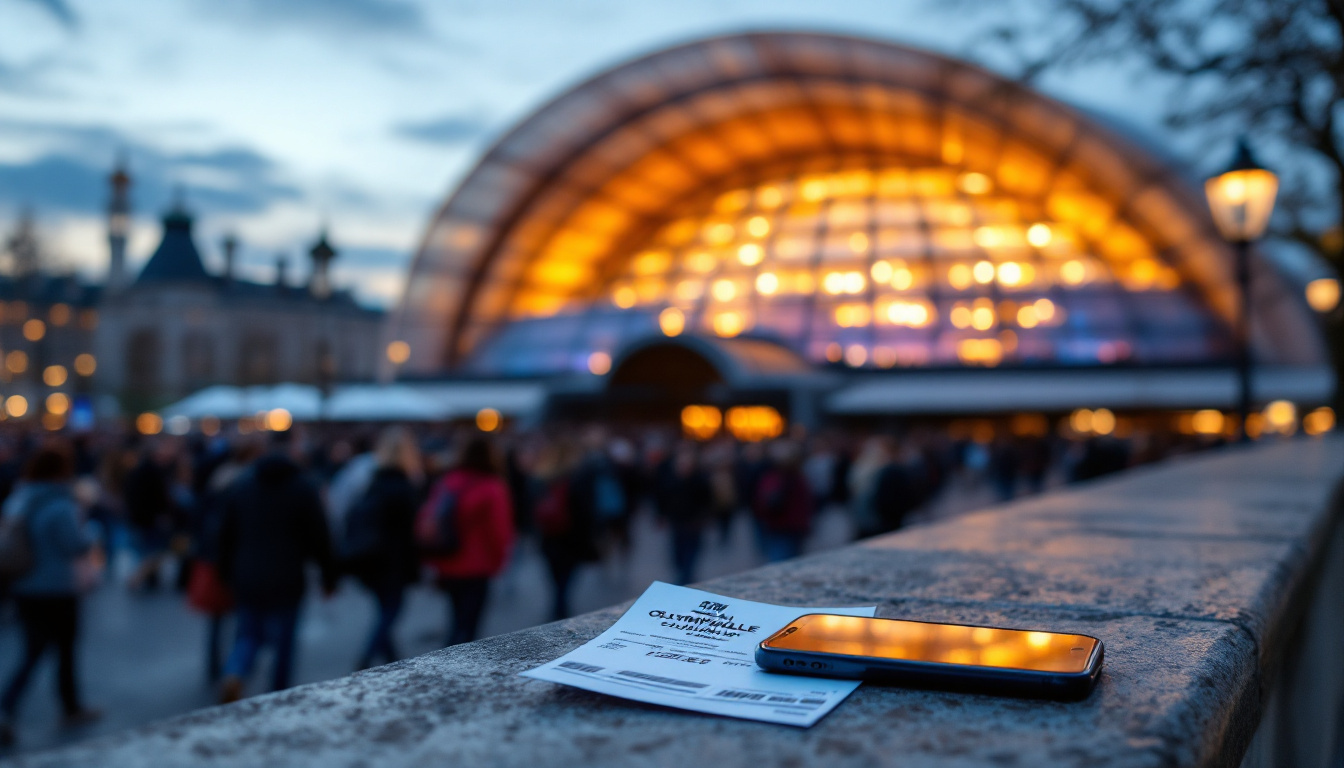 Concert in München: Konzertticket vor der beleuchteten Olympiahalle im Olympiapark am Abend