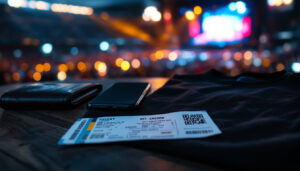 Karten für Böhse Onkelz als gedrucktes und digitales Ticket auf einem Tisch vor unscharfen Stadionlichtern