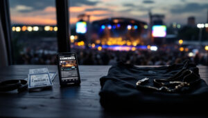Karten für Böhse Onkelz neben Smartphone und Band-Shirt auf einem Holztisch