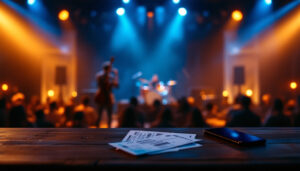 Konzerte in Osnabrück: beleuchtete Clubbühne mit Instrumenten und Konzerttickets im Vordergrund