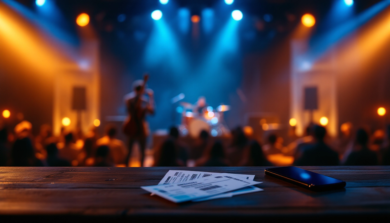 Konzerte in Osnabrück: beleuchtete Clubbühne mit Instrumenten und Konzerttickets im Vordergrund