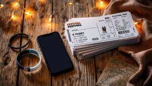 Tickets für das Fest als Papierticket und E-Ticket vor einem Open-Air-Festivalgelände