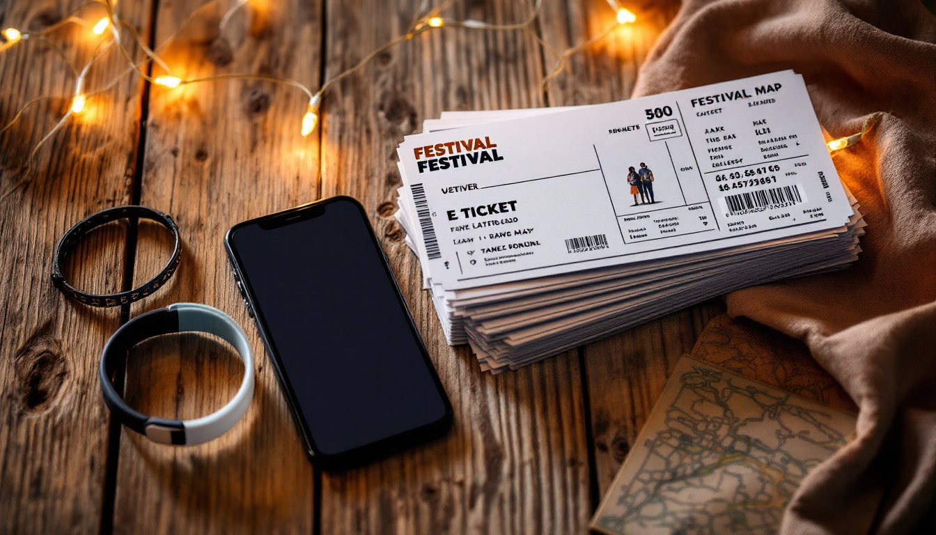 Tickets für das Fest als Papierticket und E-Ticket vor einem Open-Air-Festivalgelände